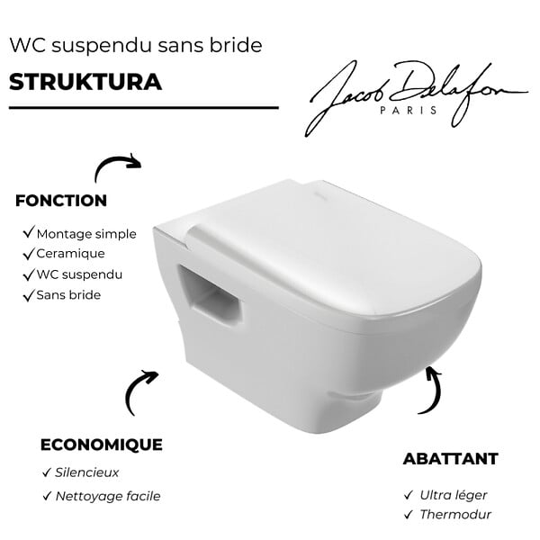 JACOB DELAFON - Cuvette WC suspendu sans bride Struktura avec abattant - large