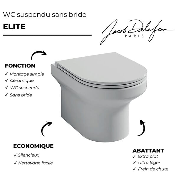 JACOB DELAFON - Cuvette WC suspendu sans bride Elite avec abattant frein de chute extra-plat déclipsable - large