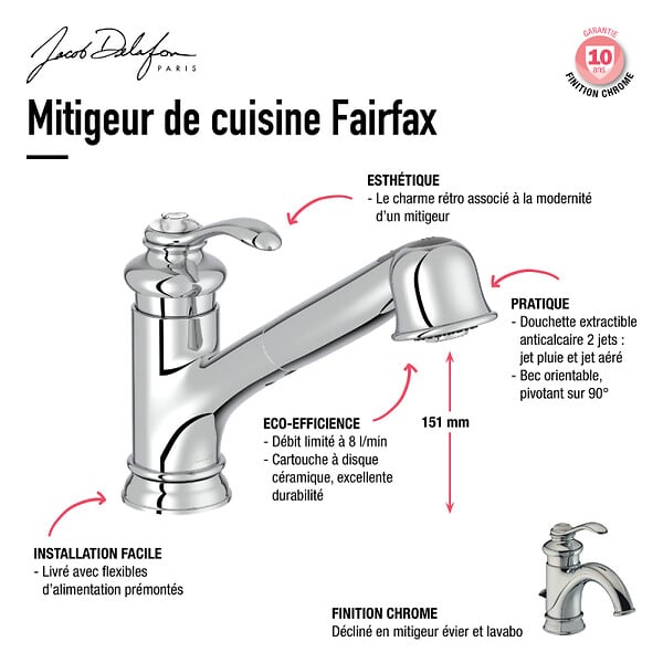 JACOB DELAFON - Robinet cuisine bas avec douchette extractible   Fairfax chrome - large