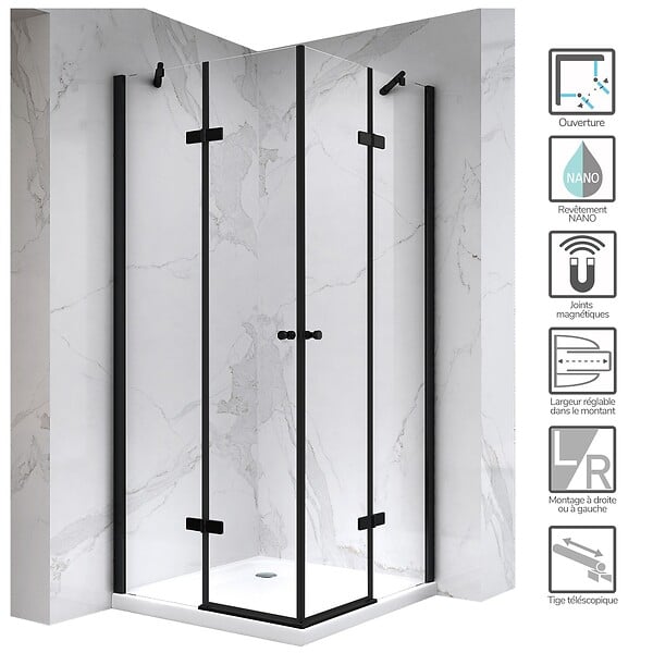 SANIVERRE - MAYA-BLACK Cabine de douche noire H180 90x90 cm verre transparent - large