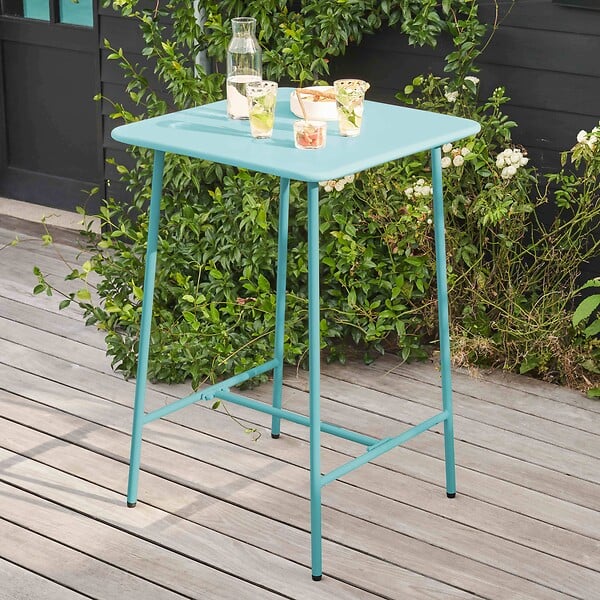 OVIALA - Table haute de jardin carrée en acier bleu turquoise 70cm - Palavas - large