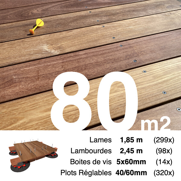 TERRASSEENBOIS - Kit complet terrasse bois exotique CUMARU pour 80 m², Lames 1,85 m, lambourdes 1,85 m, plots réglables et visserie Inox. - large