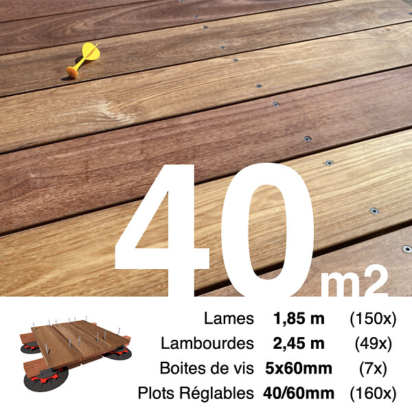 TERRASSEENBOIS - Kit complet terrasse bois exotique CUMARU pour 40 m², Lames 1,85 m, lambourdes 1,85 m, plots réglables et visserie Inox. - large