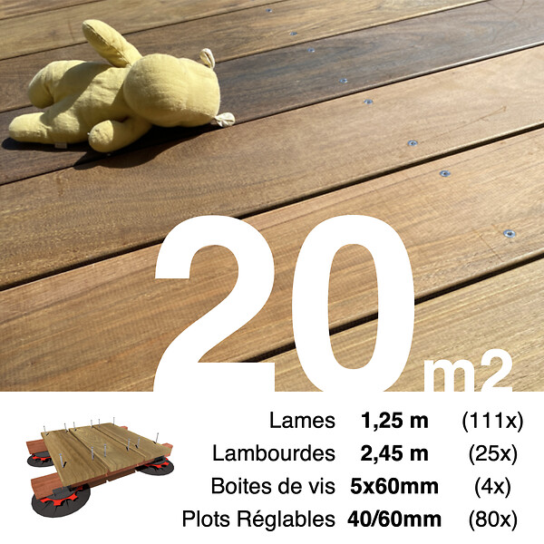 TERRASSEENBOIS - Kit complet terrasse bois exotique IPE pour 20 m², Lames 1,25 m, lambourdes 1,55 m, plots réglables et visserie Inox. - large