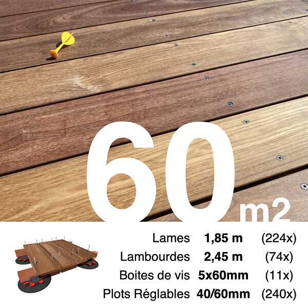 TERRASSEENBOIS - Kit complet terrasse bois exotique CUMARU pour 60 m², Lames 1,85 m, lambourdes 1,85 m, plots réglables et visserie Inox. - large