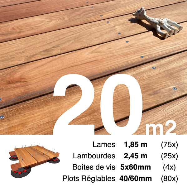 TERRASSEENBOIS - Kit complet terrasse bois exotique JATOBA pour 20 m², Lames 1,85 m, lambourdes 1,85 m, plots réglables et visserie Inox. - large