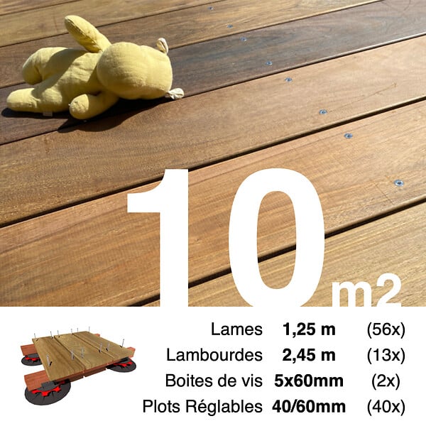 TERRASSEENBOIS - Kit complet terrasse bois exotique IPE pour 10 m², Lames 1,25 m, lambourdes 1,55 m, plots réglables et visserie Inox. - large