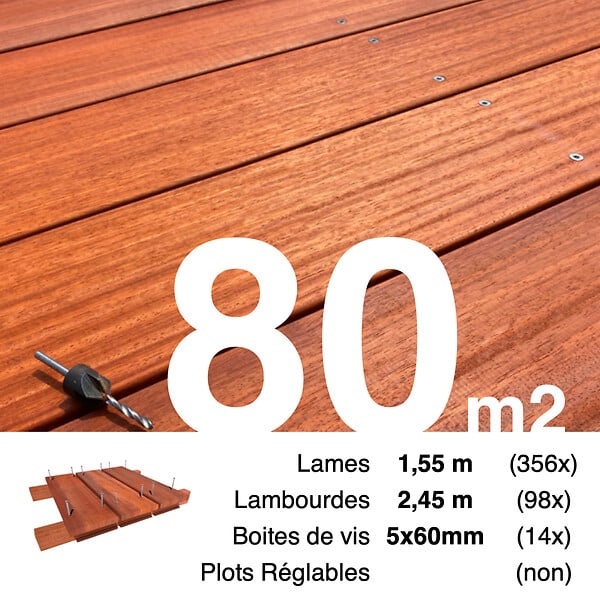 TERRASSEENBOIS - Kit terrasse bois exotique PADOUK pour 80 m², Lames 1,55 m, lambourdes 1,55 m et visserie Inox. - large