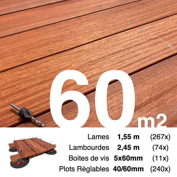 TERRASSEENBOIS - Kit complet terrasse bois exotique PADOUK pour 60 m², Lames 1,55 m, lambourdes 1,55 m, plots réglables et visserie Inox. - large