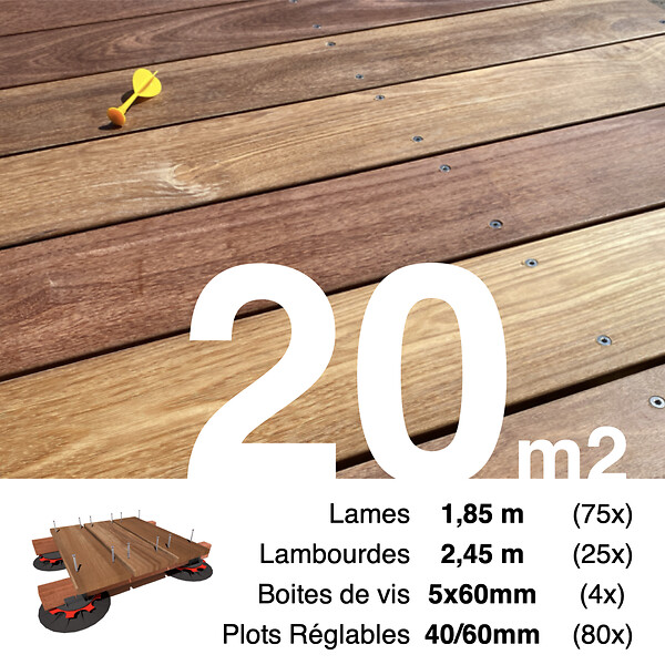 TERRASSEENBOIS - Kit complet terrasse bois exotique CUMARU pour 20 m², Lames 1,85 m, lambourdes 1,85 m, plots réglables et visserie Inox. - large
