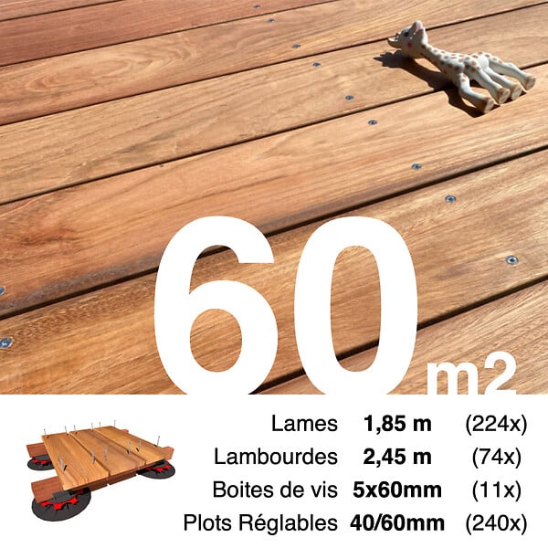 TERRASSEENBOIS - Kit complet terrasse bois exotique JATOBA pour 60 m², Lames 1,85 m, lambourdes 1,85 m, plots réglables et visserie Inox. - large