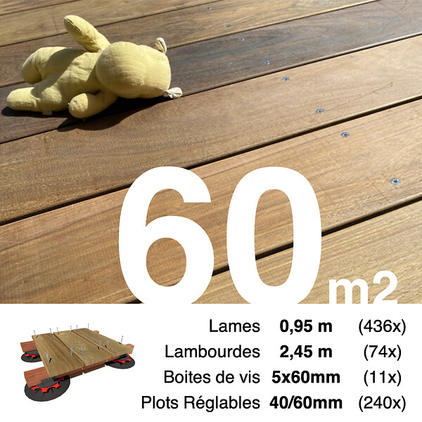 TERRASSEENBOIS - Kit complet terrasse bois exotique IPE pour 60 m², Lames 0,95 m, lambourdes 1,55 m, plots réglables et visserie Inox. - large