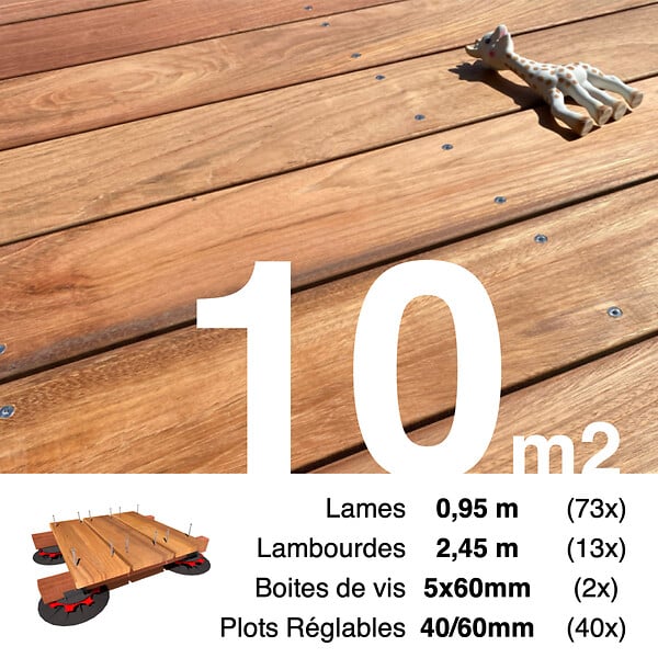 TERRASSEENBOIS - Kit complet terrasse bois exotique JATOBA pour 10 m², Lames 0,95 m, lambourdes 1,55 m, plots réglables et visserie Inox. - large