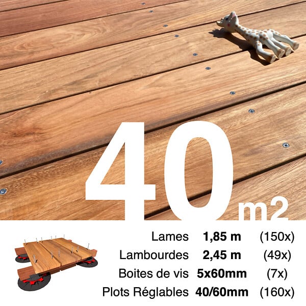 TERRASSEENBOIS - Kit complet terrasse bois exotique JATOBA pour 40 m², Lames 1,85 m, lambourdes 1,85 m, plots réglables et visserie Inox. - large