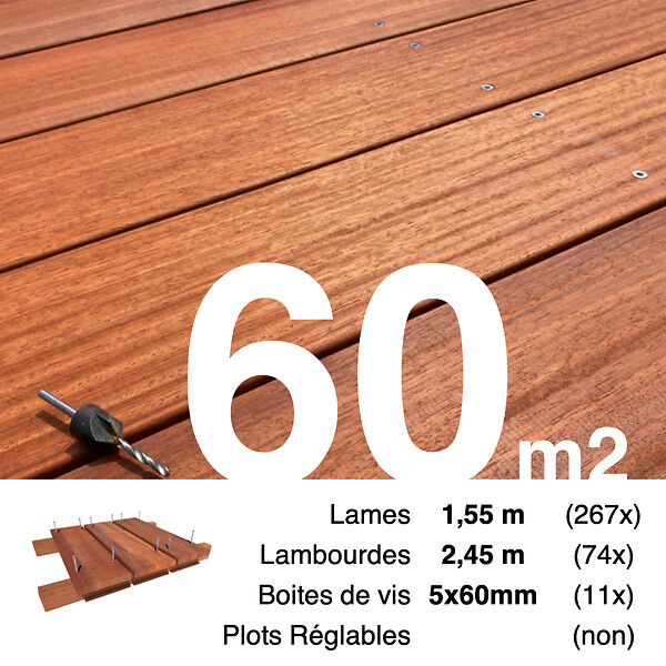 TERRASSEENBOIS - Kit terrasse bois exotique PADOUK pour 60 m², Lames 1,55 m, lambourdes 1,55 m et visserie Inox. - large