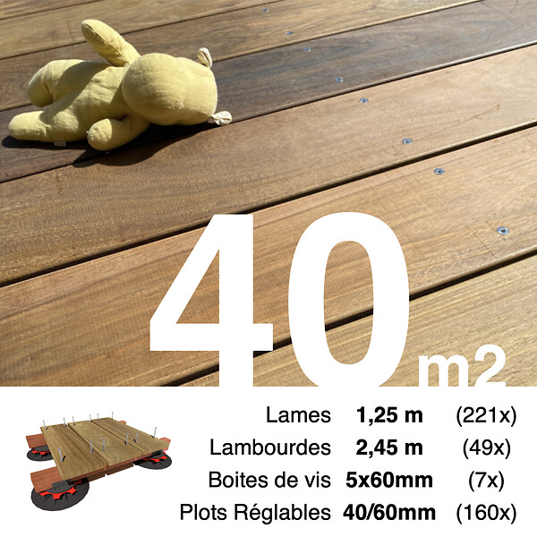 TERRASSEENBOIS - Kit complet terrasse bois exotique IPE pour 40 m², Lames 1,25 m, lambourdes 1,55 m, plots réglables et visserie Inox. - large