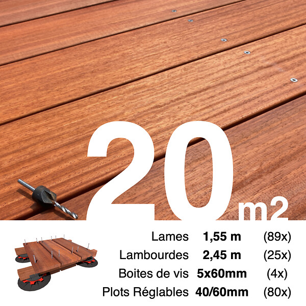 TERRASSEENBOIS - Kit complet terrasse bois exotique PADOUK pour 20 m², Lames 1,55 m, lambourdes 1,55 m, plots réglables et visserie Inox. - large