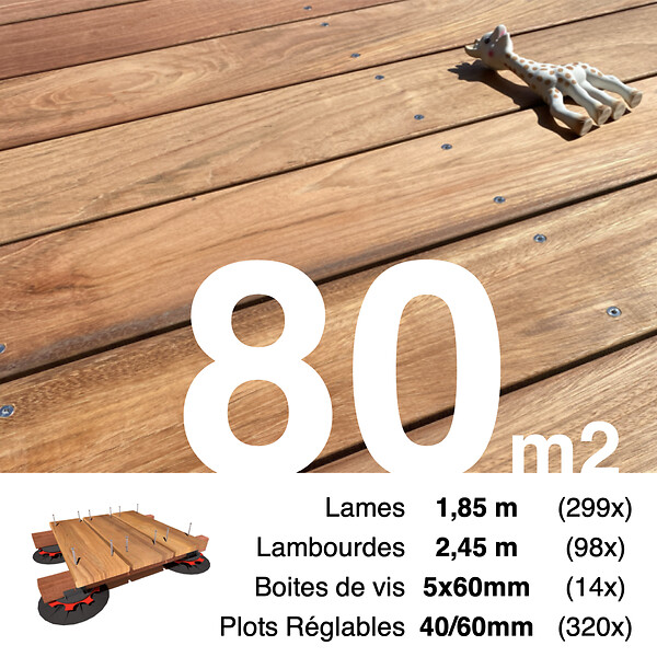 TERRASSEENBOIS - Kit complet terrasse bois exotique JATOBA pour 80 m², Lames 1,85 m, lambourdes 1,85 m, plots réglables et visserie Inox. - large