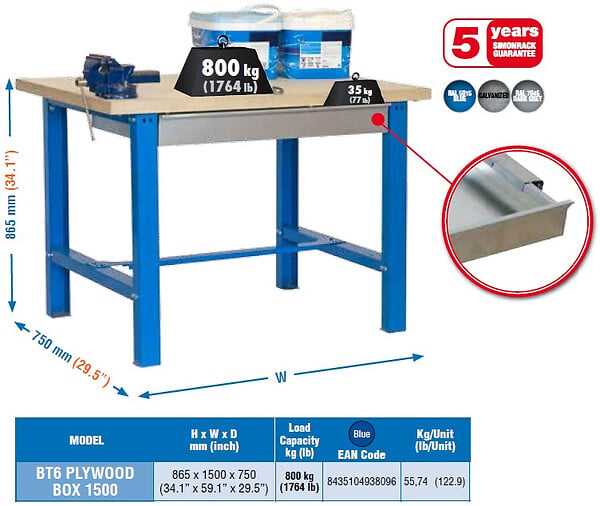 SIMON RACK - SimonRack - Kit Etabli avec tiroir 865x1500x750mm Bleu/Bois - BT6-BOX 1500 SIMONRACK - large