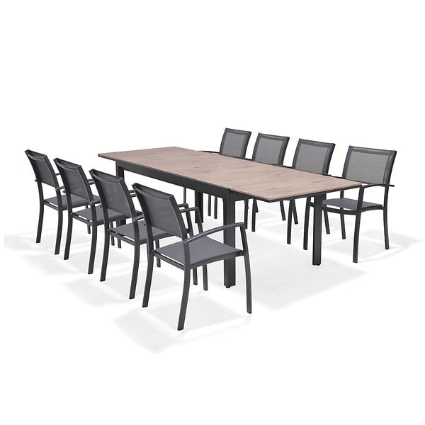 MODE DE VIE - Table de jardin preston extensible en aluminium coloris gris anthracite avec plateau en DURABOARD - 6 à 10 personnes - large