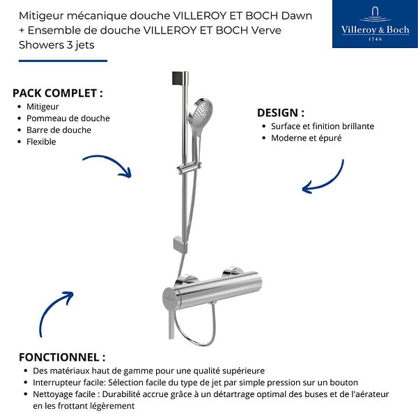 VILLEROY ET BOCH - Mitigeur mécanique douche  Dawn Chrome + Ensemble de douche  Verve Showers 3 jets - large