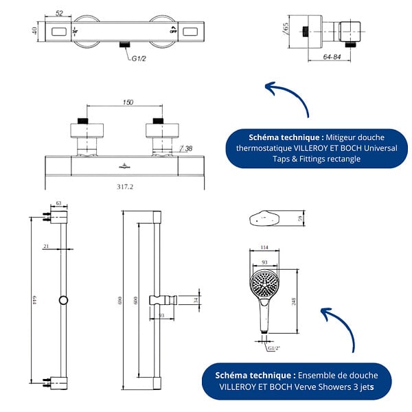 VILLEROY ET BOCH - Mitigeur douche thermostatique  Universal rectangle + Ensemble de douche Verve Showers chromé - large