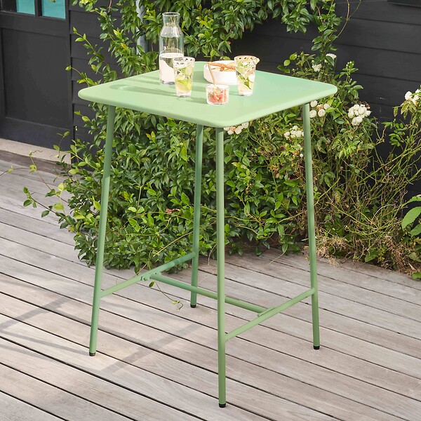 OVIALA - Table haute de jardin carrée en acier vert sauge 70cm - Palavas - large