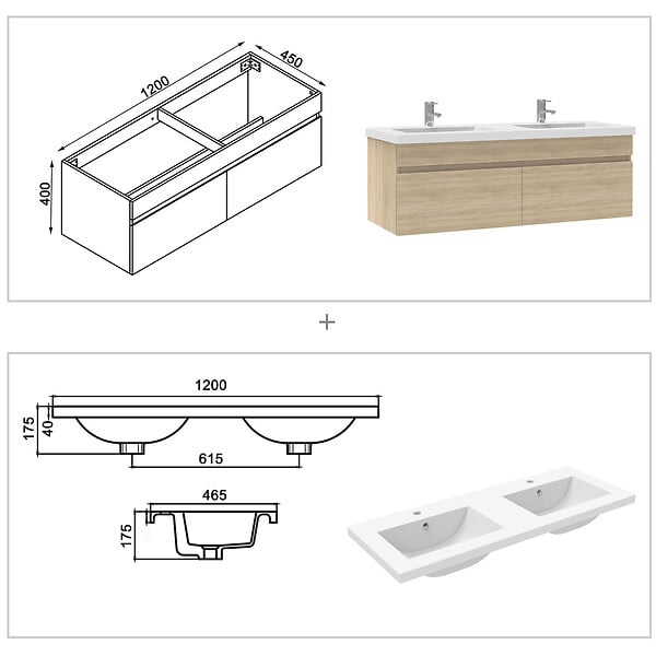 AICA SANITAIRE - Meubles double vasque 120cm colonne + vasque + miroir lumineux Chêne Wotan - large