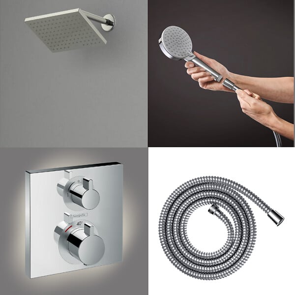 HANSGROHE - Colonne douche thermostatique Ecostat Square Douche de tête Vernis Shape Flexible Metaflex Douchette Vernis Blend chromé - large