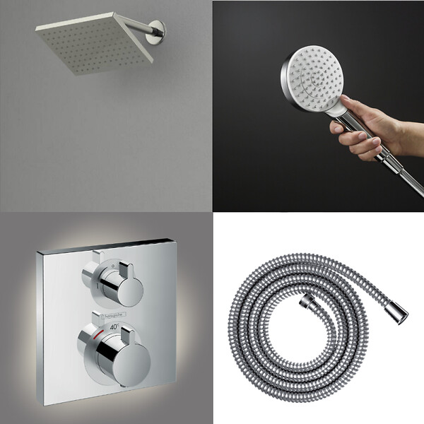 HANSGROHE - Colonne douche thermostatique Ecostat Square Douche de tête Vernis Shape Flexible Metaflex Douchette Crometta chromé - large