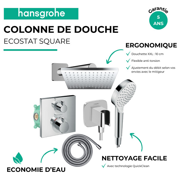 HANSGROHE - Colonne douche thermostatique Ecostat Square Douche de tête Vernis Shape Flexible Metaflex Douchette Crometta chromé - large