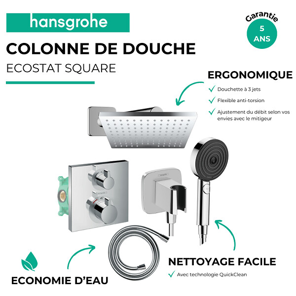 HANSGROHE - Colonne douche thermostatique Ecostat Square Douche de tête Vernis Shape Flexible Designflex Douchette Pulsify chromé - large