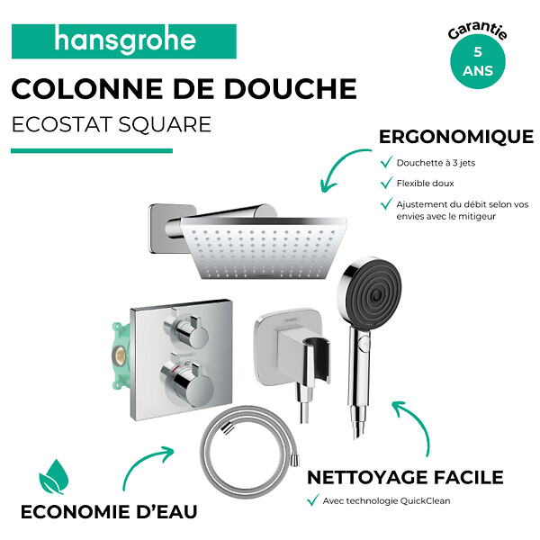 HANSGROHE - Colonne douche thermostatique Ecostat Square Douche de tête Vernis Shape Flexible Isiflex Douchette Pulsify chromé - large