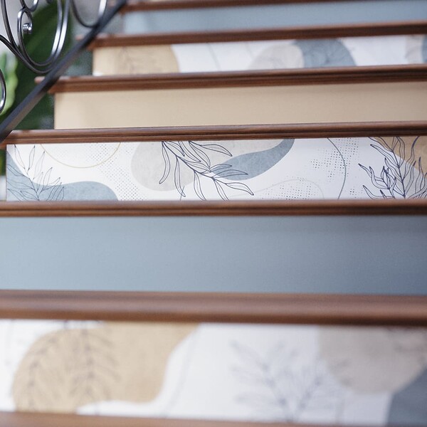 MON MARCHE DECO - Contremarche Escalier PVC - Feuilles d'Automne Gris Bleu H. 17 x L. 98 cm - Lot de 5 - large