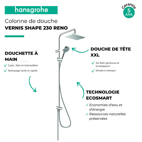 HANSGROHE - Colonne de douche ou bain douche sans mitigeur Vernis Shape 230 EcoSmart chromé + tablette AddStoris - large