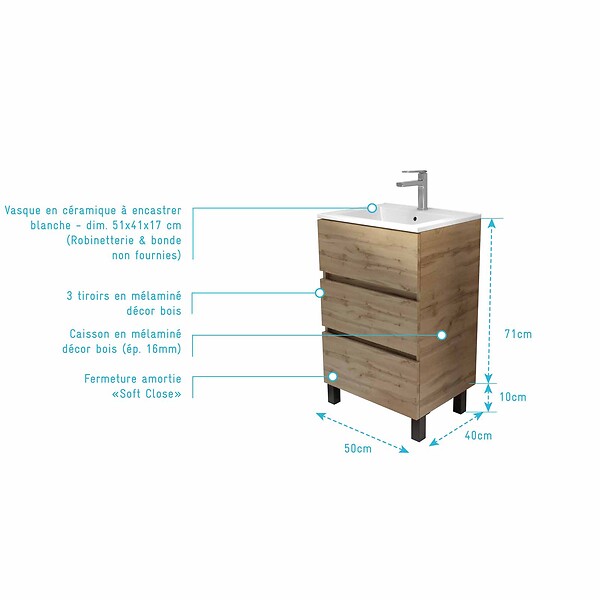 AURLANE - Meuble de salle de bains 50 cm TIMBER - Décor Chêne Naturel 3 tiroirs avec Vasque blanche - large