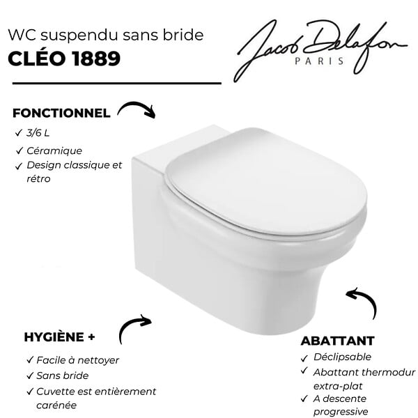 JACOB DELAFON - Pack WC suspendu sans bride à économie d'eau Cléo 1889 +  abattant + bâti-support + plaque ronde chromé - large