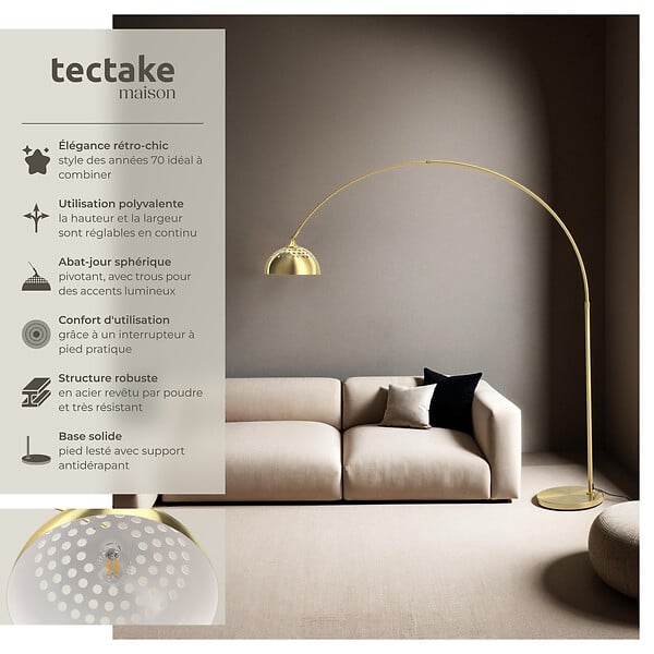TECTAKE - Lampe sur pied ARCUS en acier style rétro, 60W jaune or - large