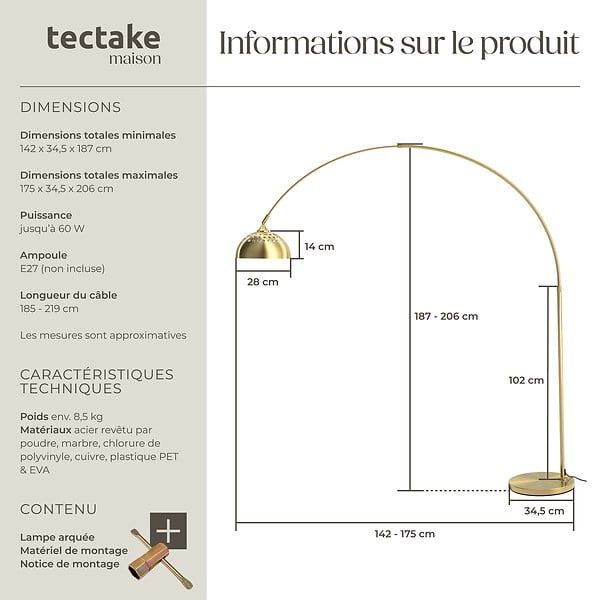 TECTAKE - Lampe sur pied ARCUS en acier style rétro, 60W jaune or - large