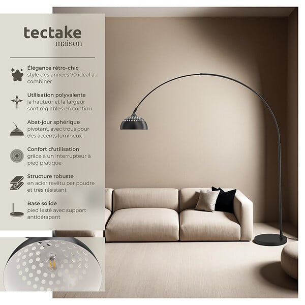 TECTAKE - Lampe sur pied ARCUS en acier style rétro, 60W noir - large