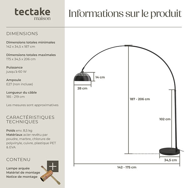 TECTAKE - Lampe sur pied ARCUS en acier style rétro, 60W noir - large