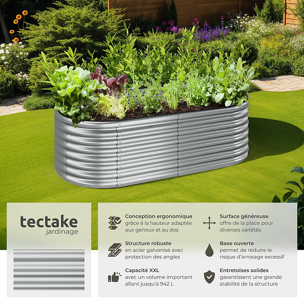 TECTAKE - Carré potager au volume généreux galvanisé résistant aux intempéries argent 200 x 100 x 60 cm y compris les gants montage rapide - large