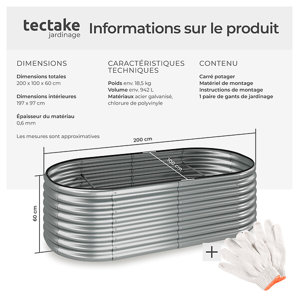 TECTAKE - Carré potager au volume généreux galvanisé résistant aux intempéries argent 200 x 100 x 60 cm y compris les gants montage rapide - large