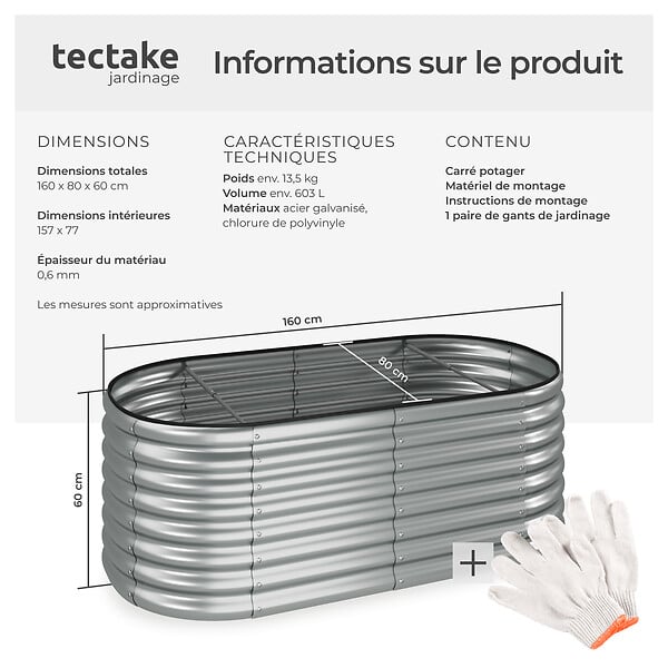 TECTAKE - Carré potager FLORMMA 160 x 80 x 60 cm argent - large