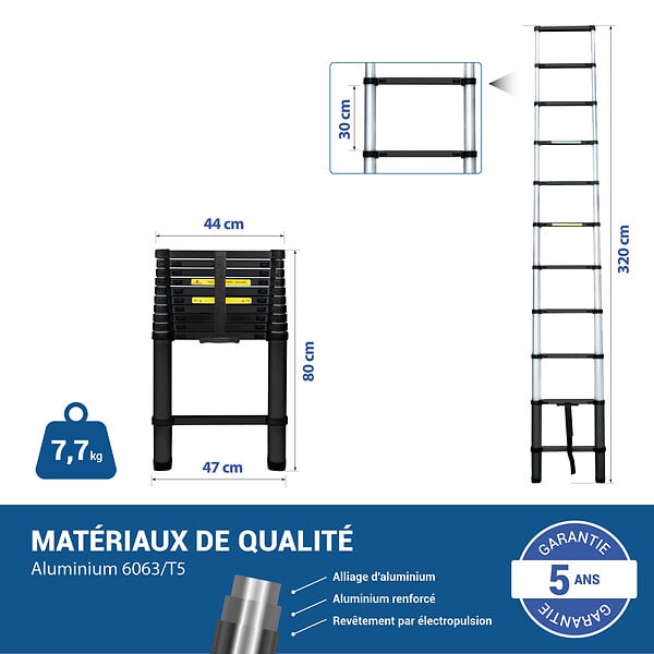 HOSTRÃ–M - Echelle telescopique 3,2m TELESCOO11, Aluminium, Pliable, Extensible, Hauteur de travail max 4,1m, Standart EN131, Garantie 5 ans, Hostrom - large