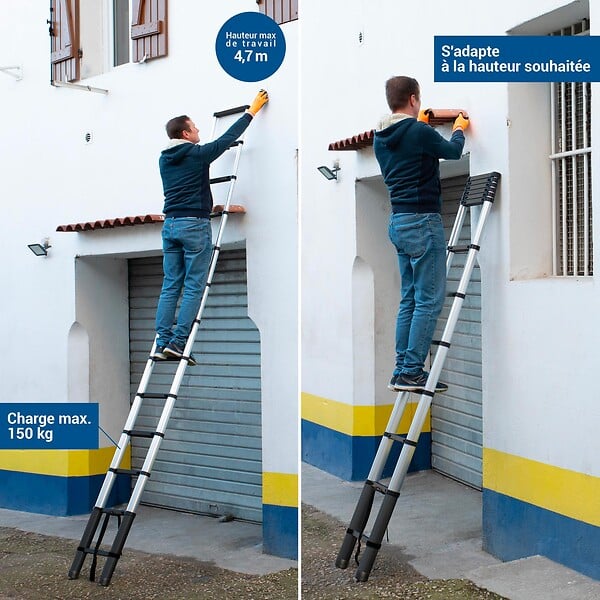 HOSTRÃ–M - Echelle telescopique 3,8m TELESCOO13, Aluminium, Pliable, Extensible, Hauteur de travail max 4,7m, Standart EN131, Garantie 5 ans, Hostrom - large