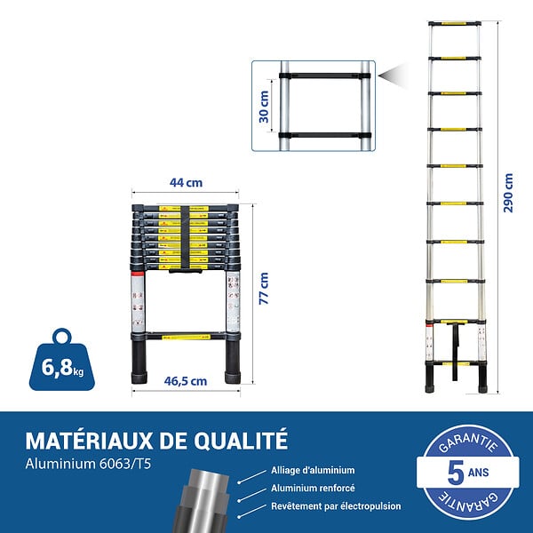 HOSTRÃ–M - Echelle telescopique 2,9m TELESCOO10, Aluminium, Pliable, Extensible, Hauteur de travail max 3,8m, Standart EN131, Garantie 5 ans, Hostrom - large