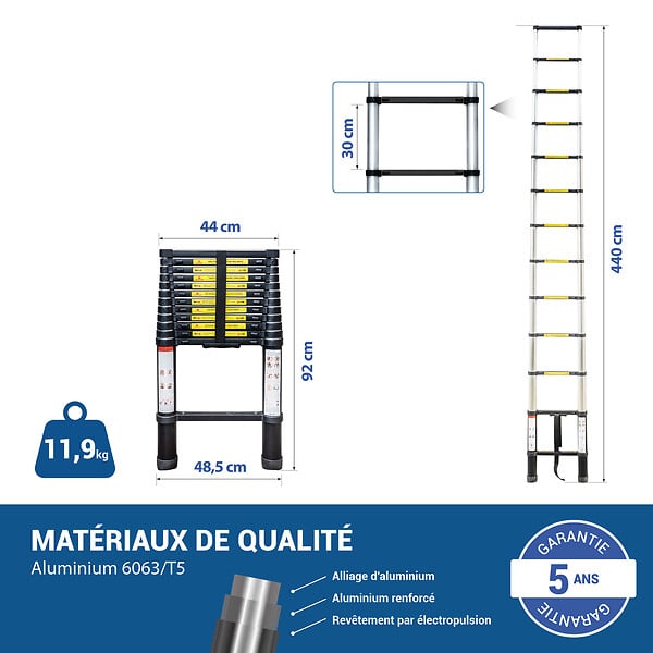 HOSTRÃ–M - Echelle telescopique 4,4m TELESCOO15, Aluminium, Pliable, Extensible, Hauteur de travail max 5,3m, Standart EN131, Garantie 5 ans, Hostrom - large