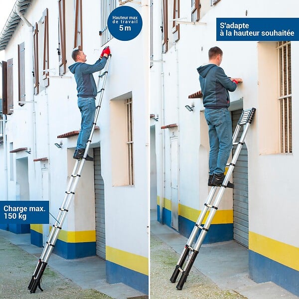 HOSTRÃ–M - Echelle telescopique 4,1m TELESCOO14, Aluminium, Pliable, Extensible, Hauteur de travail max 5m, Standart EN131, Garantie 5 ans, Hostrom - large