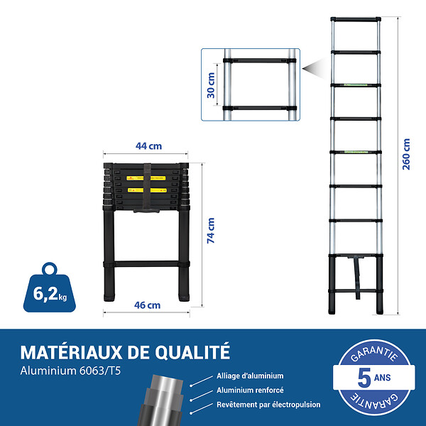 HOSTRÃ–M - Echelle telescopique 2,6m TELESCOO9, Aluminium, Pliable, Extensible, Hauteur de travail max 3,5m, Standart EN131, Garantie 5 ans, Hostrom - large